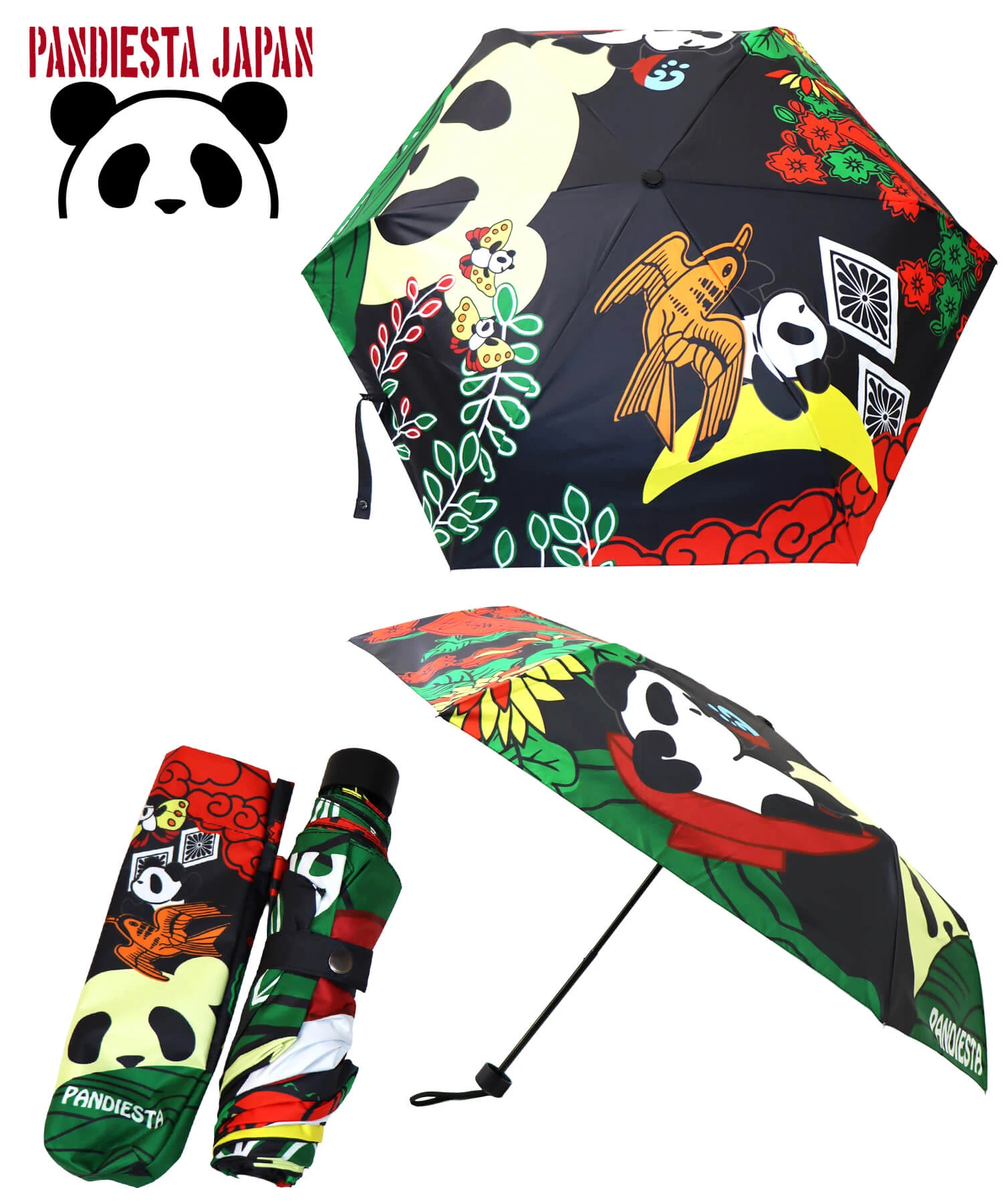 SB 熊猫謹製 花鳥風月花札 UVコート 折りたたみ傘 晴雨兼用 ブラック