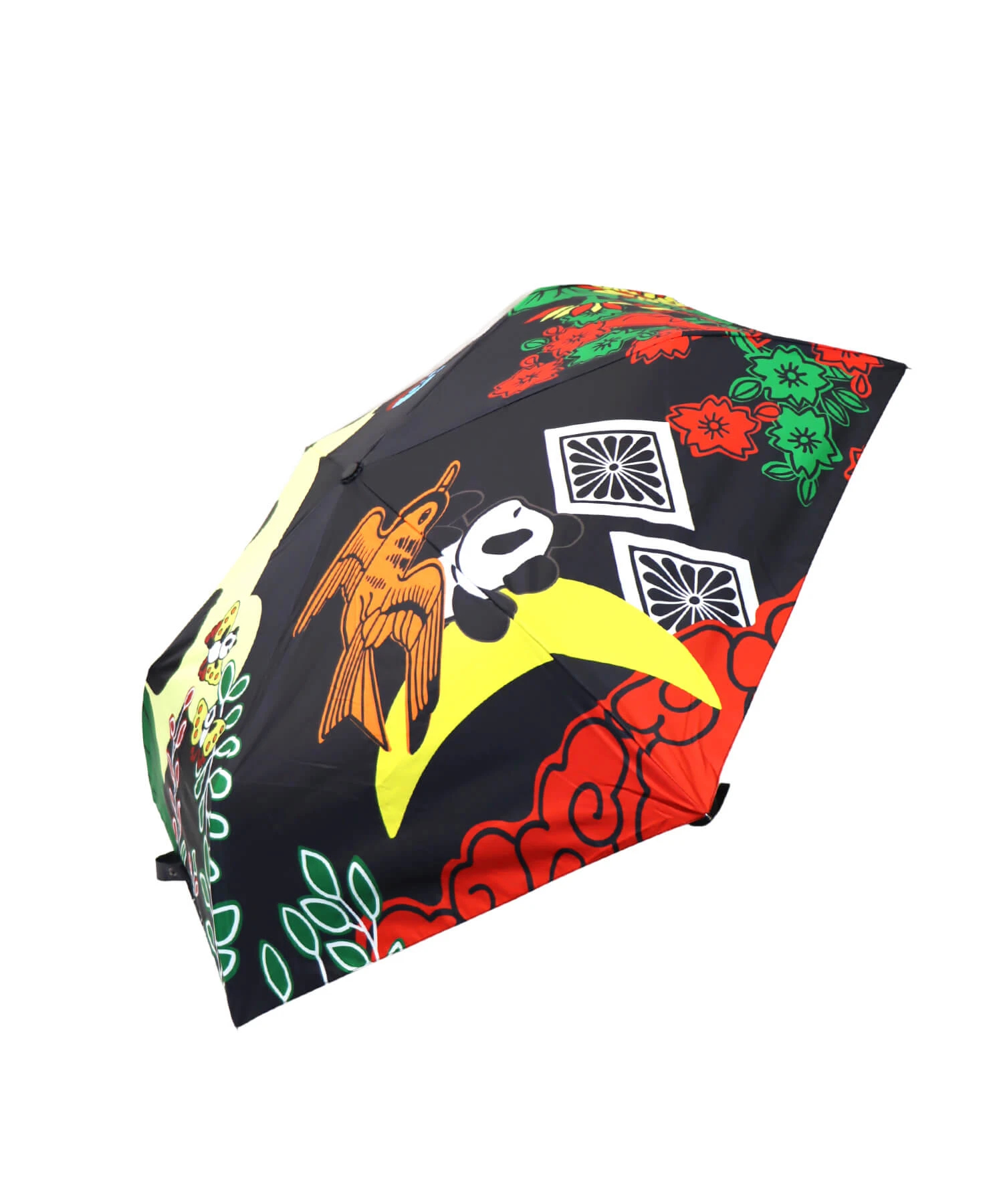 SB 熊猫謹製 花鳥風月花札 UVコート 折りたたみ傘 晴雨兼用 ブラック
